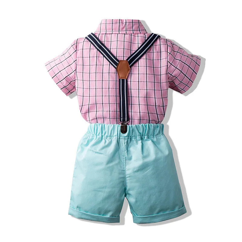 2 Pieces Set Baby Kid Boys Birthday Checked Bow Shirts And Solid Color Rompers Wholesale 230308180