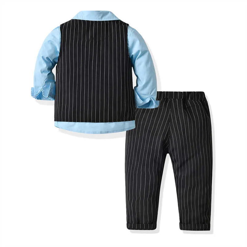 3 Pieces Set Baby Kid Boys Dressy Striped Vests Waistcoats Solid Color Bow Shirts And Suits Trousers Wholesale 211109418