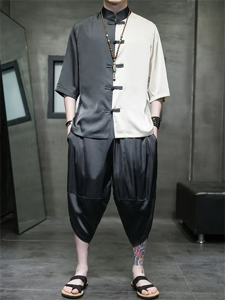 Male Color-blocked Shirt   Cropped Pants Silky Suits