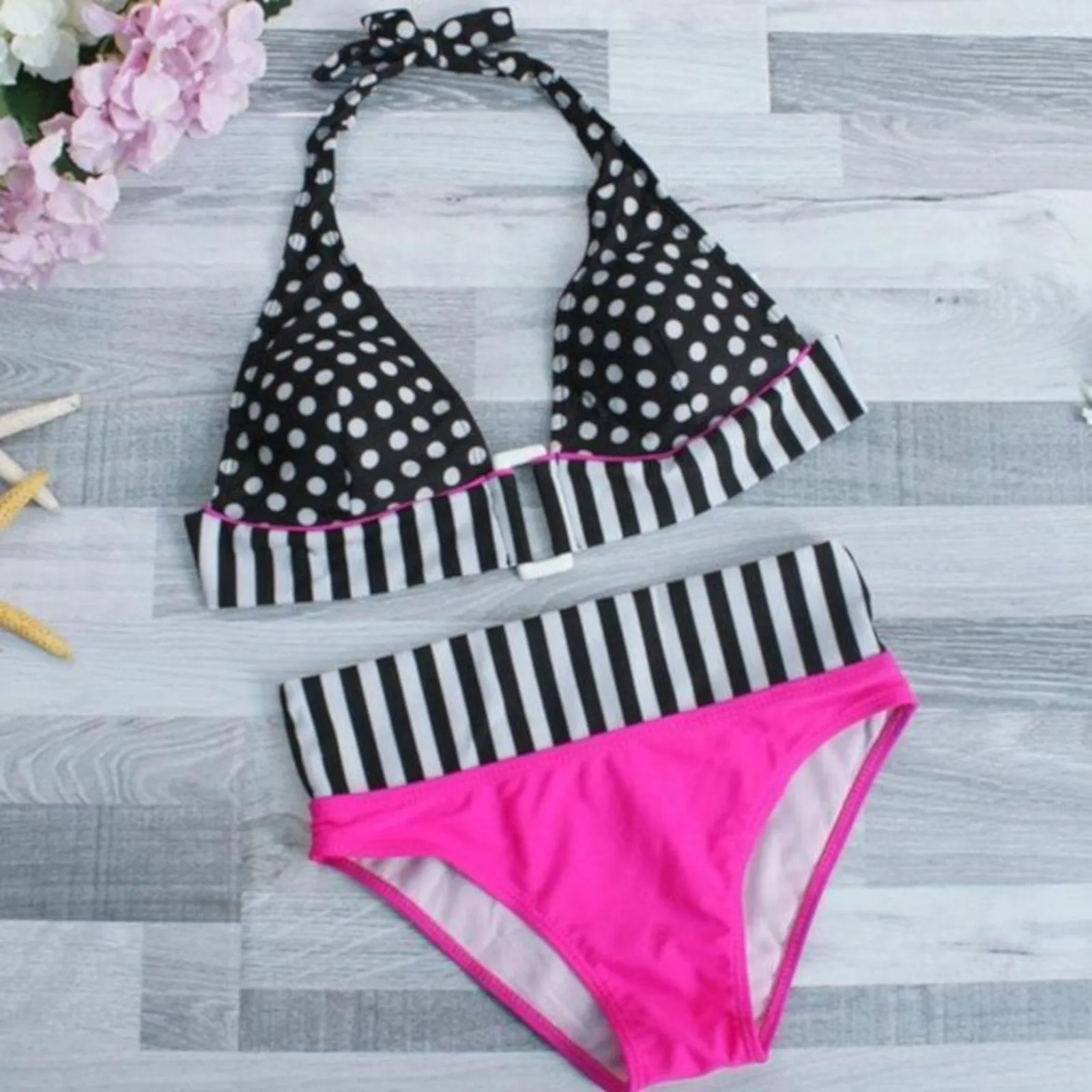 Vintage Pink Striped Triangle Top Polk A Dot Bikini